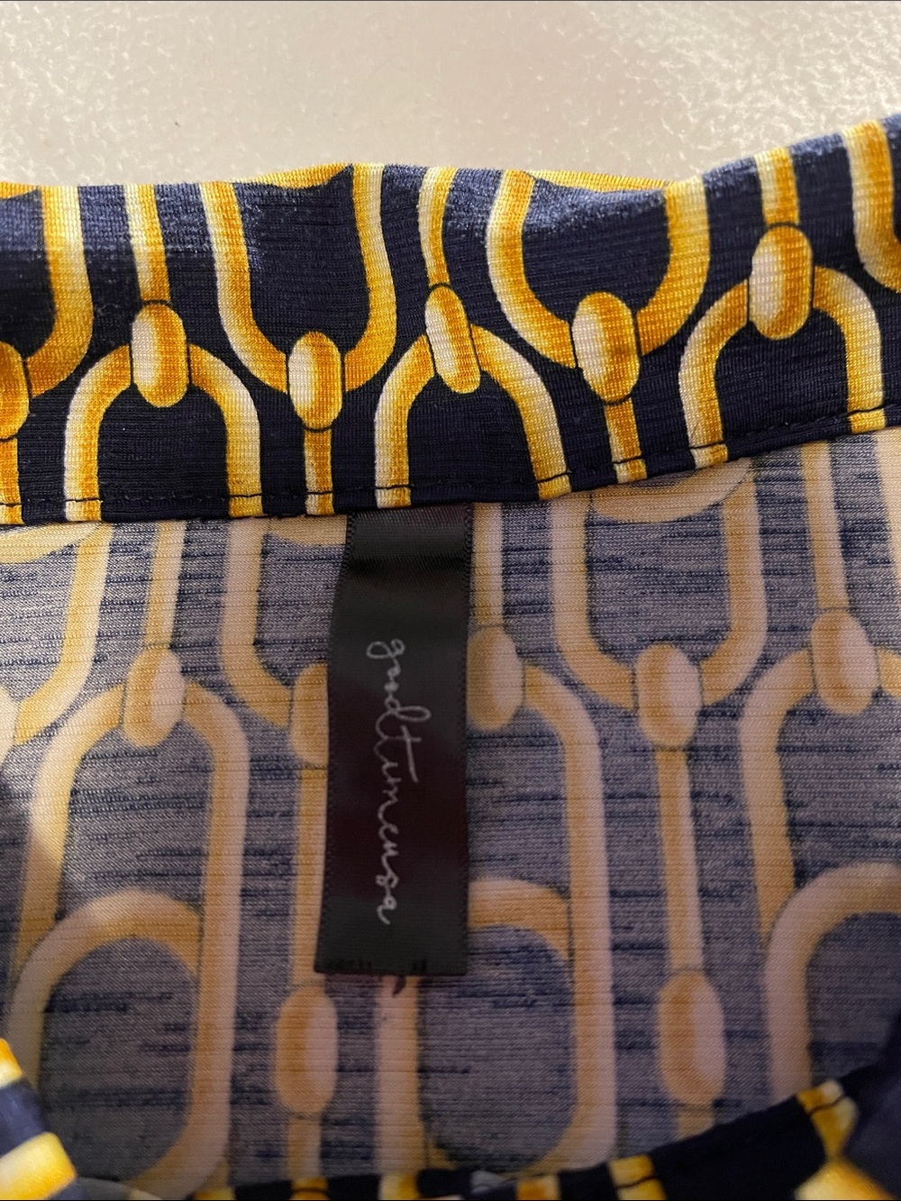 Anthropologie Navy and Gold Geometric Chain-Print Button-Down Shirt - Picture 2 of 7